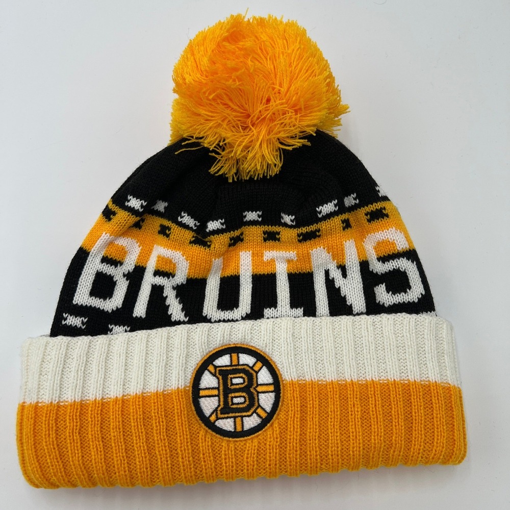 Reebok Boston Bruins Beanie Knit Hat Pom‎ Pom Black Gold White One Size